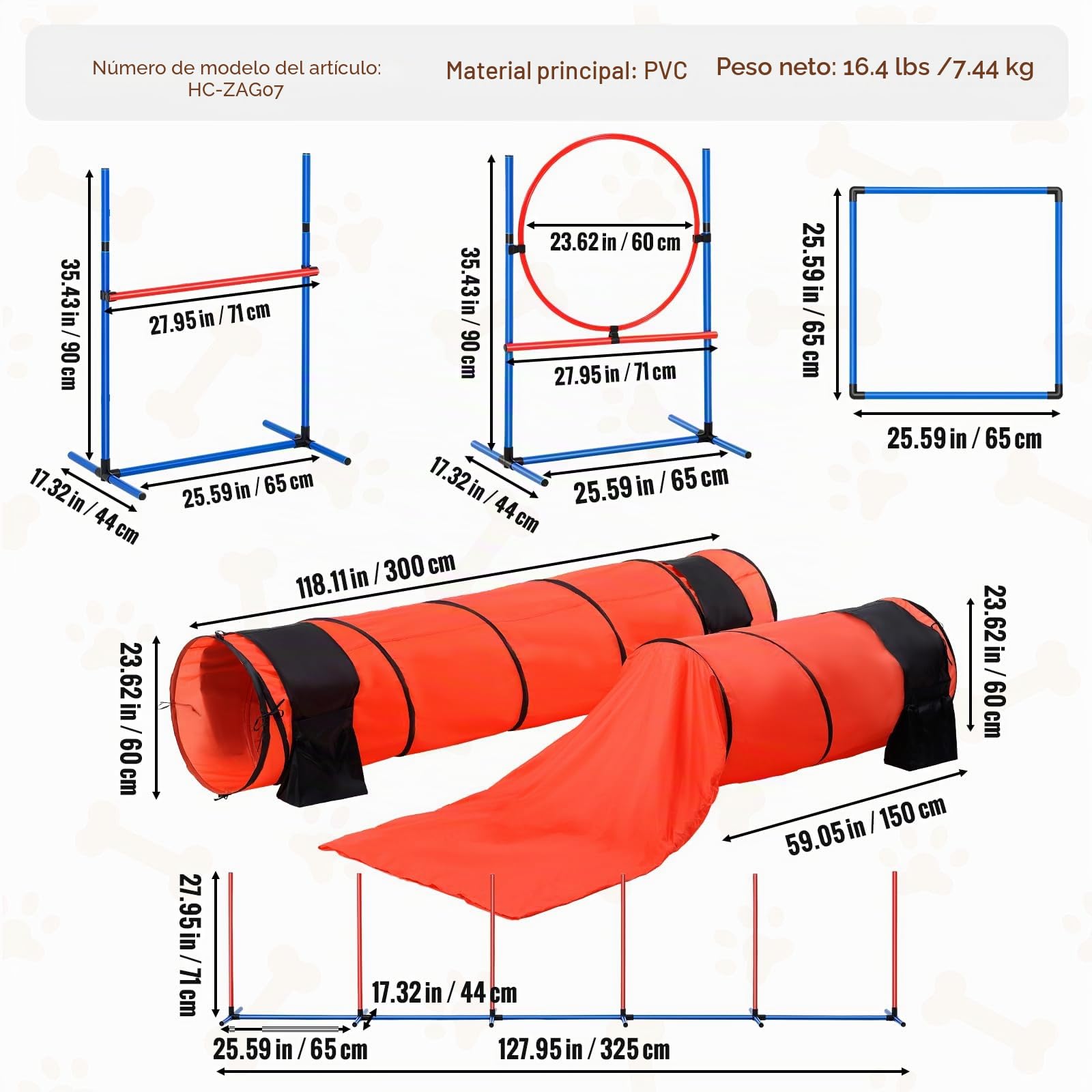 VEVOR Kit de Equipo de Entrenamiento de Agilidad para Perros 7 Piezas Carrera de Obstáculos para Cachorros con Vallas Altas Ajustables 6 Postes Túneles Arco de Salto Caja de Descanso Silbato Cuenco