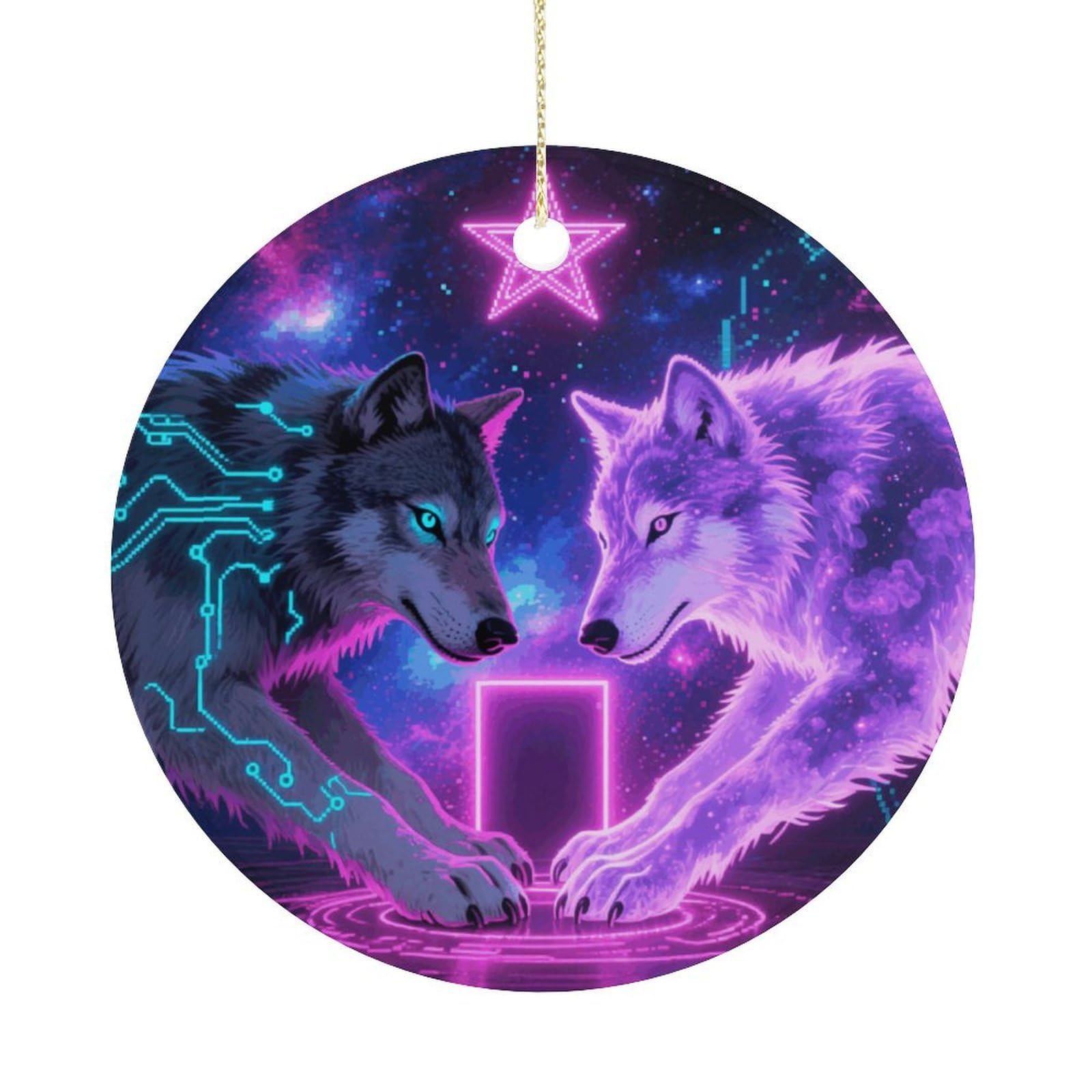 Personalized Christmas Ornaments 2025 Ceramic Hanging Lightning Wolves Ornaments with Gold String Double-Sided Vintage Holiday Decorations for Tree Mantel Tabletop Xmas Party Favors
