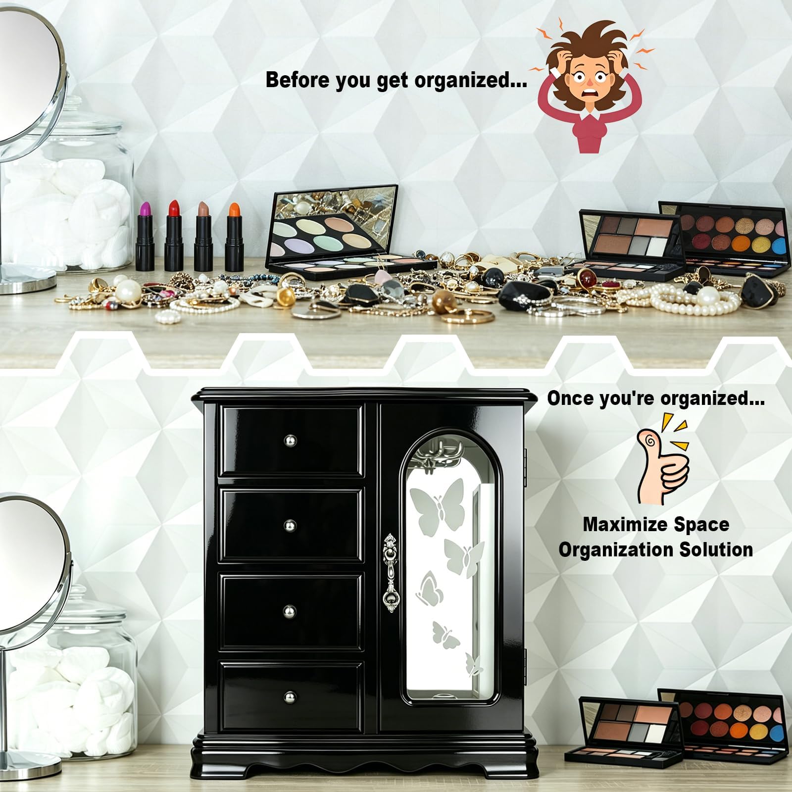 Joyero hecho de madera maciza con organizador de 4 cajones y carrusel de collares integrado y espejo grande negro