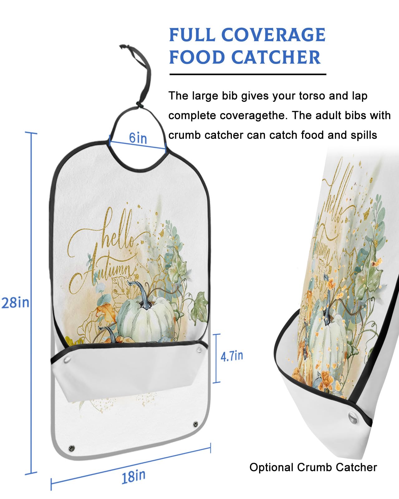 Pumpkin Gold Adult Bib for Eating with Crumb Catcher,Washable & Waterproof Terry Cloth Adjustable Elderly Women Men Adult Bibs Funny Clothing Protector Thanksgiving Elegant Fall Eucalyptus Leaves