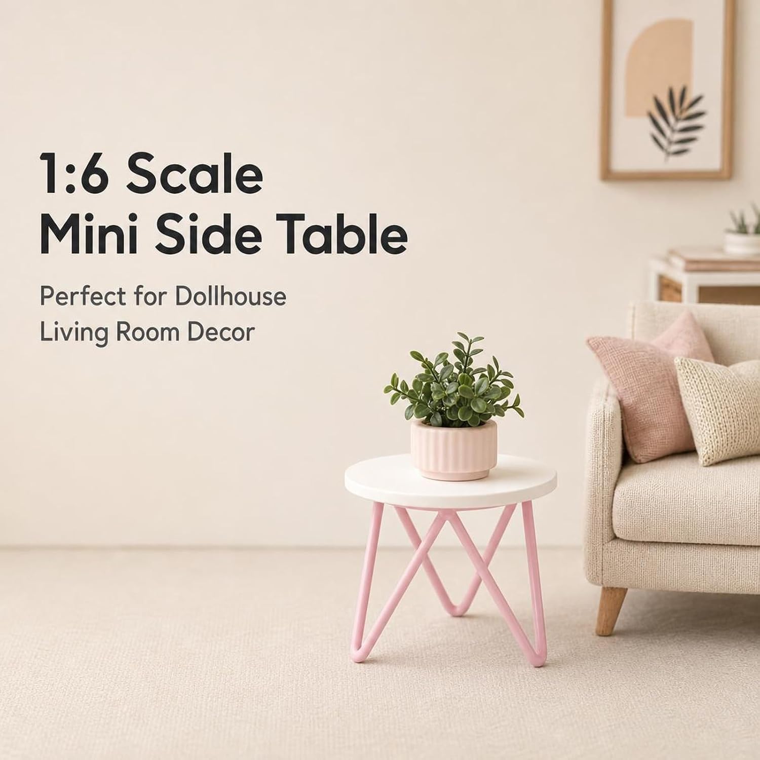 1 6 Scale Doll Furniture End Table Dollhbouse Round Miniature Table, Pink image 2