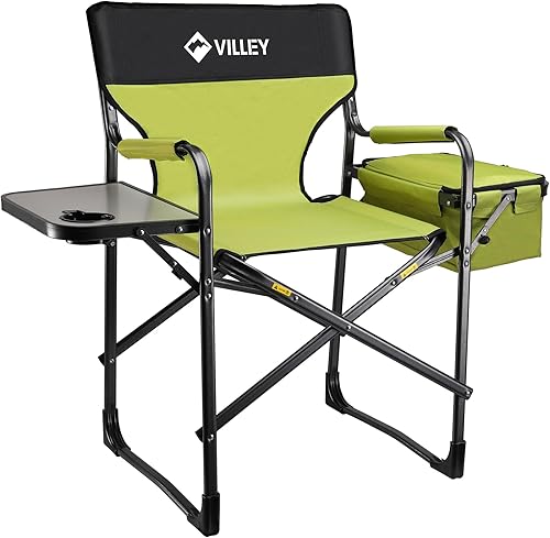 VILLEY Silla de directores de servicio pesado, sillas de camping plegables, con bolsa refrigeradora, silla plegable portátil, para campamento,