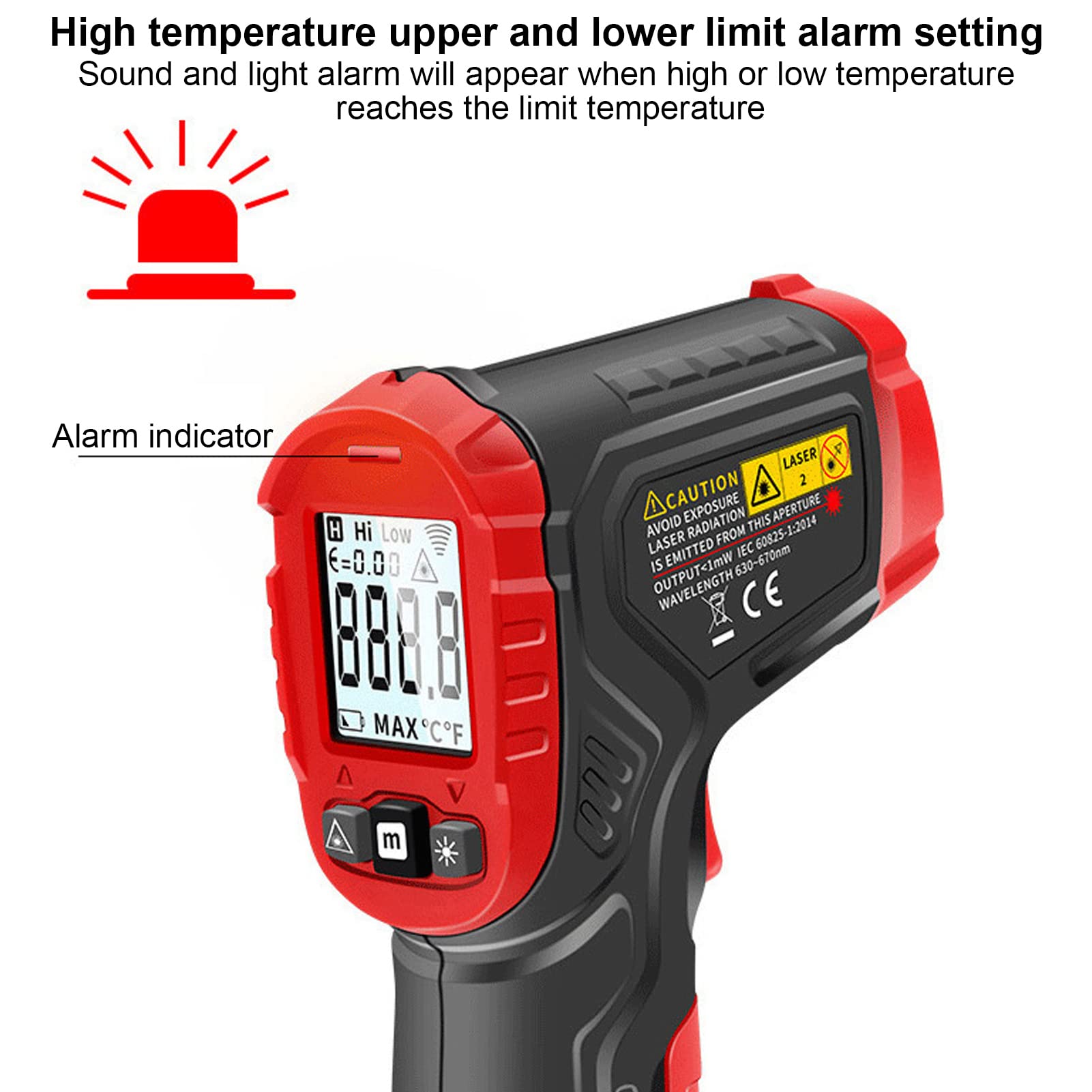 Pilipane Termómetro Infrarrojo Digital con Alarma De Luz Y Sonido, Pantalla LCD A Color, Medición De Temperatura Sin Contacto para Uso Industrial Y De Cocina