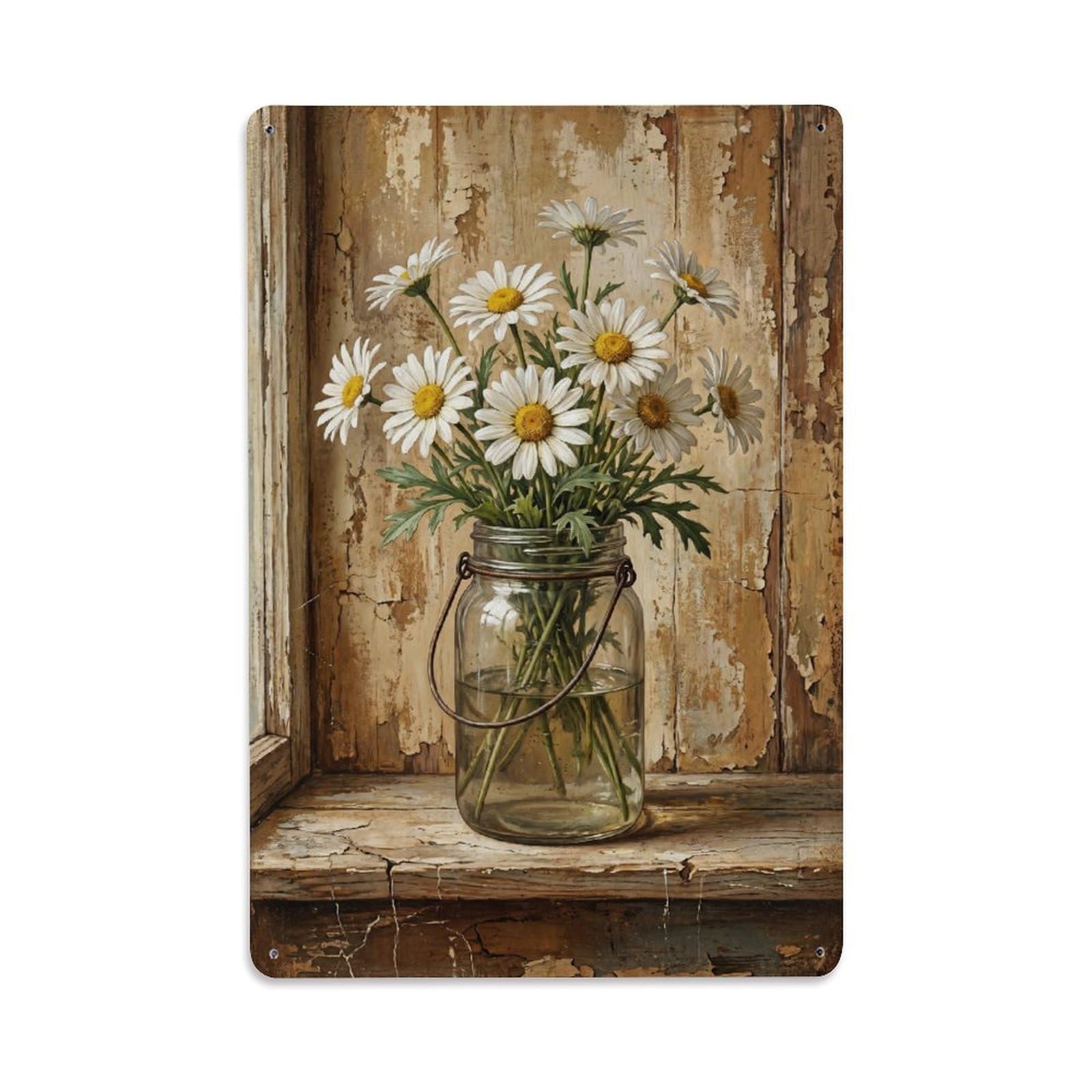 Daisies Jar Windowsill Farmhouse Vintage Metal Tin Sign Plaque Wall Decor for Cafe, Club, Garden Metal Poster 8x12Inch