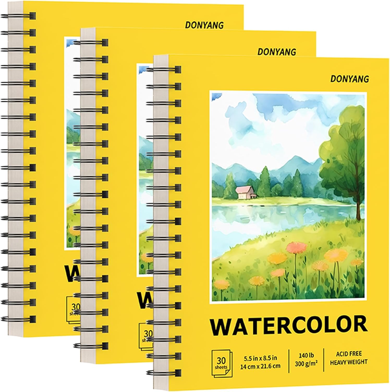 watercolor paper pad, 5.5" x 8.5" spiral bound art sketch book, pack of 3 (90 sheets),(140lb/300g) artist water color drawing paper for adults, art supplies for teens, mixed media markers journal yellow 5.5" x 8.5"(pack of 3)