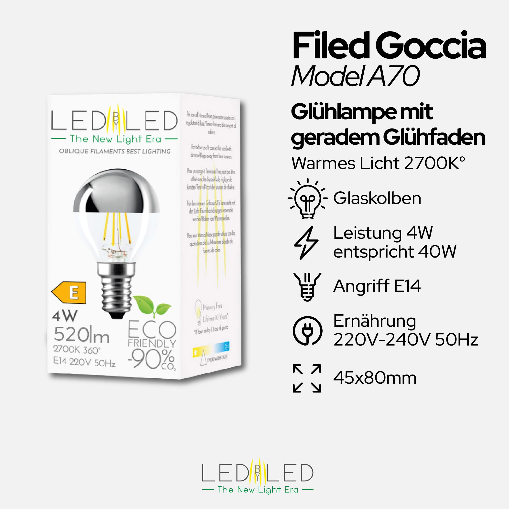 Glühbirne Goccia Specchio 4W entspricht 40W, E14, Spiegelglas-Transparent Silver Top, 2700K Warmes Licht, gerader LED-Glühfaden, 780 Lumen, 10er-Pack