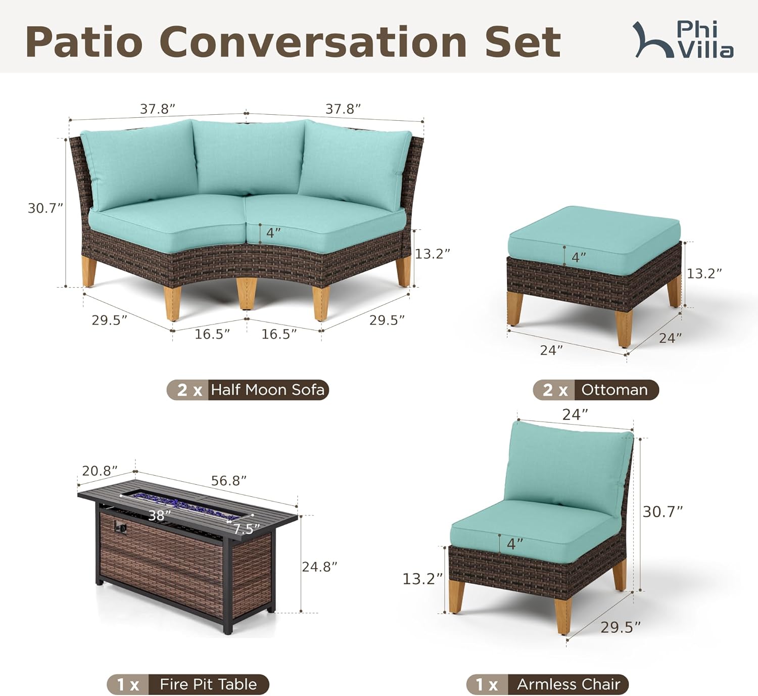 PHI VILLA 6-Piece Wicker Patio Furniture Set with Fire Pit Table, Outdoor Half-Moon Curved Sectional Sofa with Cushions, 56” Gas Fire Pit Table and Ottomans, Aqua Blue