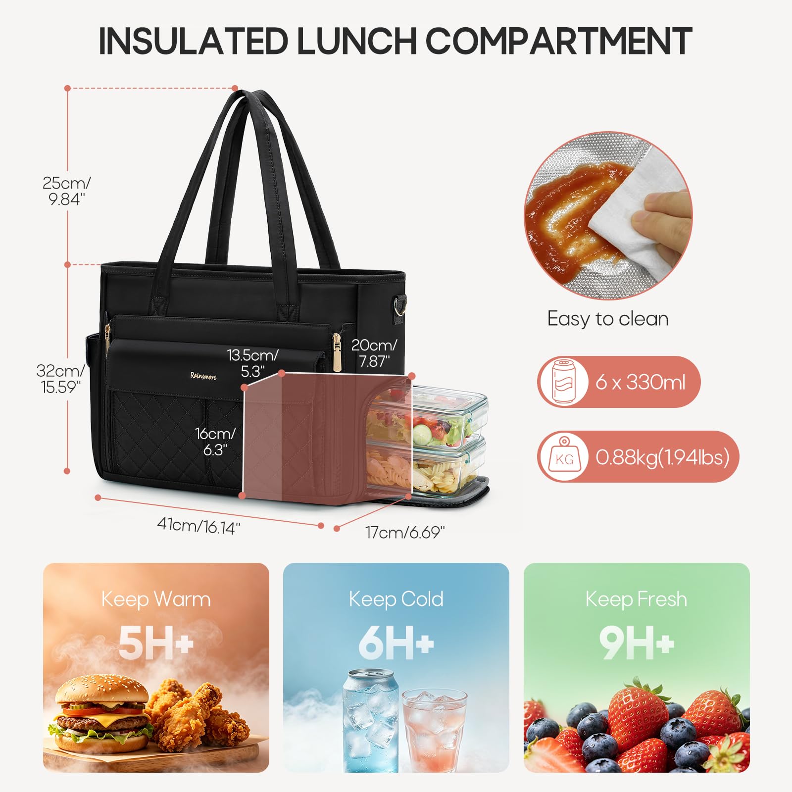 RAINSMORE Borsa da Lavoro Donna con Scomparto Termico per Pranzo | Borsa Porta PC 15,6 Pollici Grande Capacità, Borsa Insegnante Impermeabile per Ufficio, Scuola, Università e Viaggio
