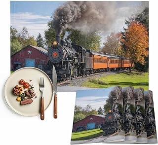 Placemats Set of 8, Steam Train Woven Placemat, Linen Place Mats for Kitchen/Dining Tables, Railroad Country Barn Rustic Trees Farmhouse Washable Table Mats for Party