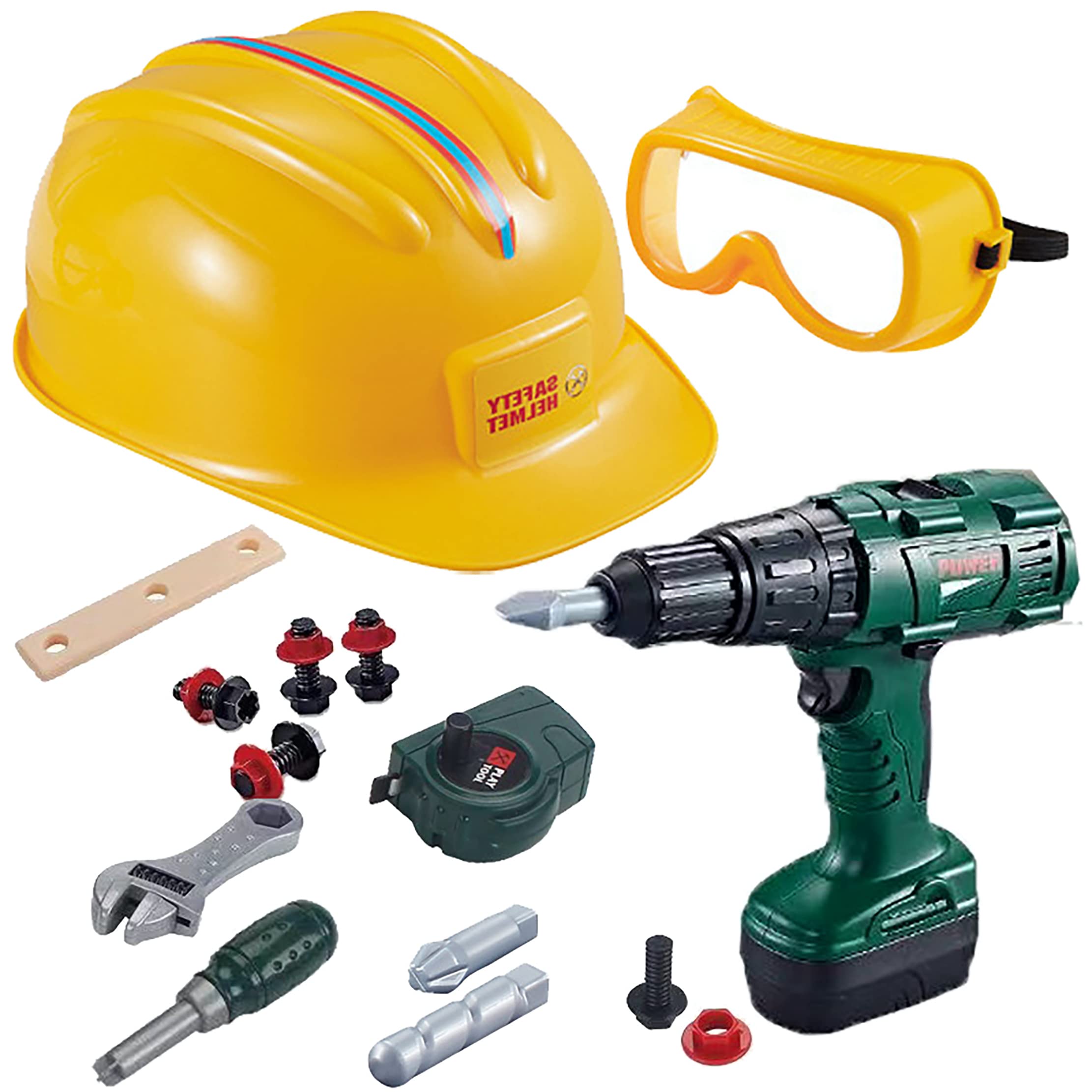 COO11 Electric Drill Toy with Helmet, Kids Tool Set Construction Role Play with Electric Drill Sound, Set Safety Glass Wrench Pliers, Nuts, Bolts, Screwdriver, Head Bits for Boys and Girls Age 3+