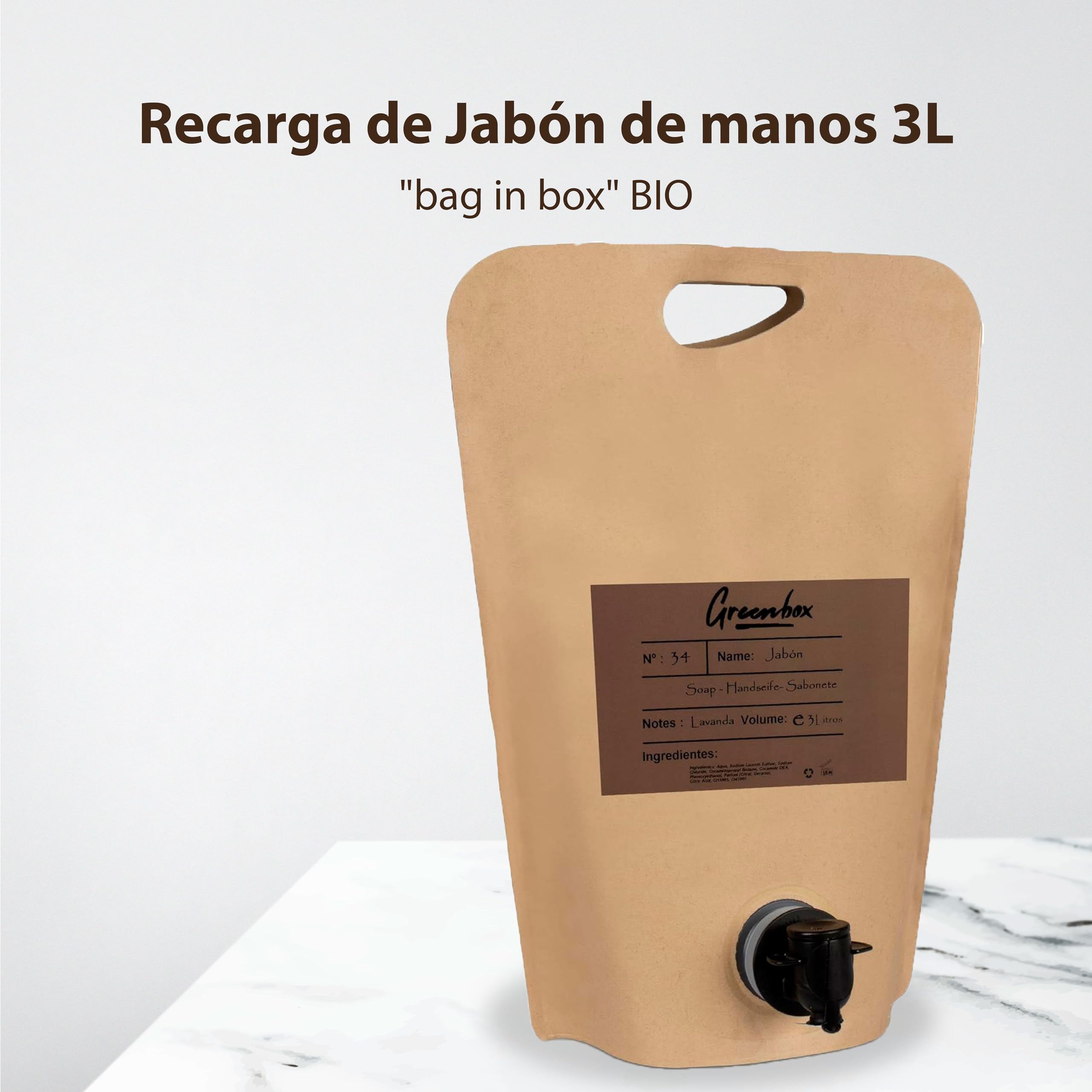 Ricarica sapone mani in "bag in box" BIO - sapone mani idratante 3L. Imballaggio ecologico e maniglia per il trasporto. Risparmia denaro e aiuta l'ambiente.