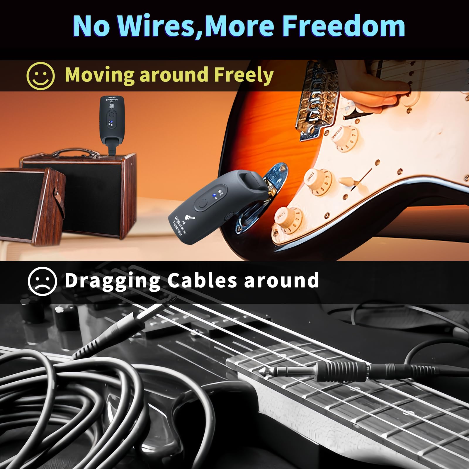 A9 Wireless Guitar System 2.4GHz 270°Rotate Audio Trasmettitore Wireless Ricevitore per Guitar Bass Violin Keyboard Electric Instruments (Nero, 1TX + 1RX)