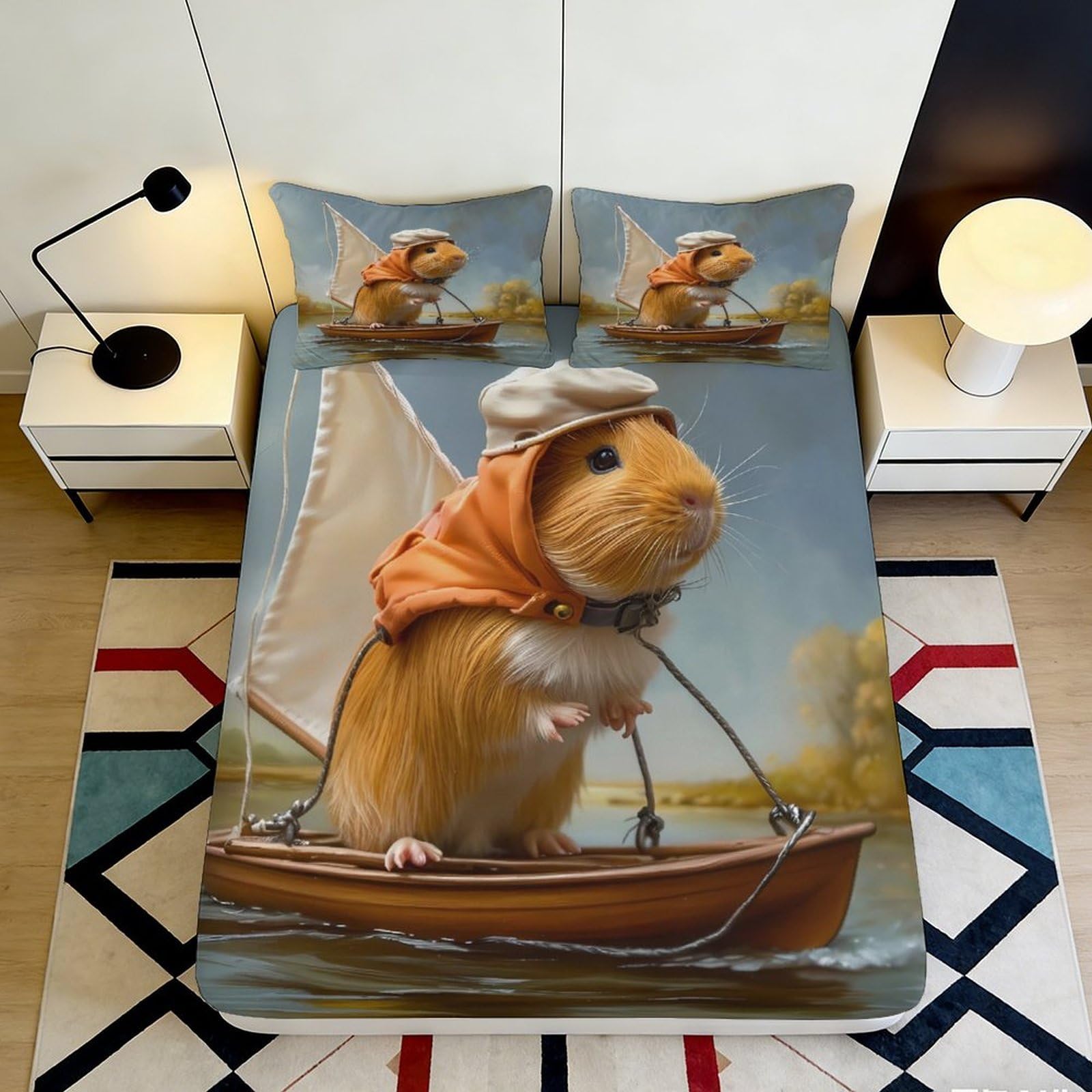 3D Printed Sailing Hamster Fitted Sheet Microfiber Deep Pocket Non-Slip Bedroom Bedding Set Sailing Hamster Mattress Fitted Cover Washable for Adults Teens 90x200x25cm