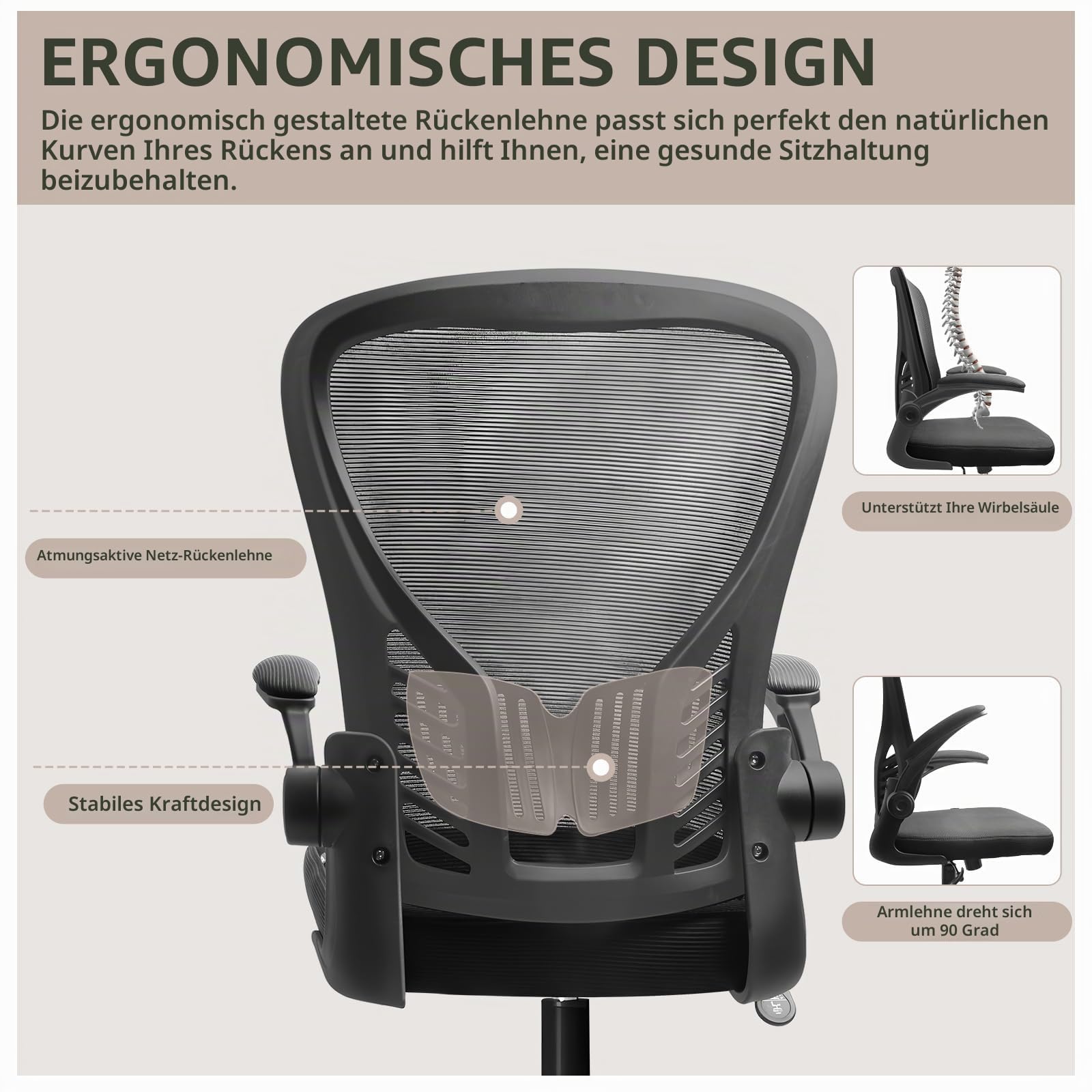 Bürostuhl Ergonomisch, Schreibtischstuhl mit Armlehnen, Drehbarer Sockel, 10cm Höhenverstellbarer Office Chair, Weich und Atmungsaktiv, für Zuhause, Konferenzempfang, Studio