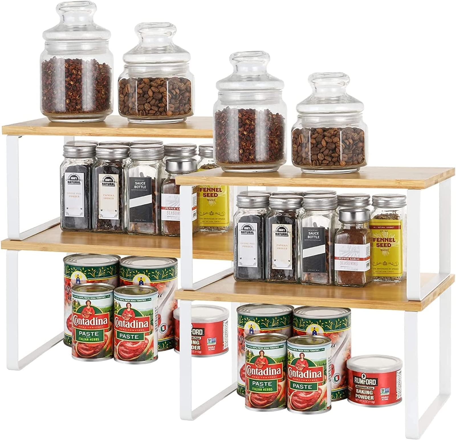 LIANTRAL Organisateur de Placard Lot de 4, Étagères de Cuisine, Étagère à Épices, Extensibles et empilables, étagères de Rangement en Bois pour Placard comptoir, Naturel/Blanc