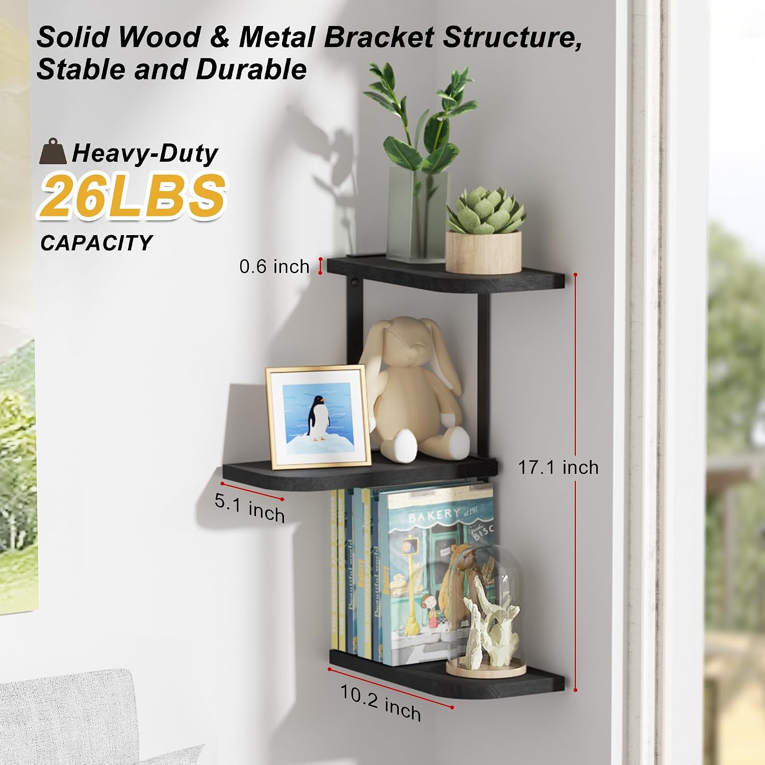 Love-KANKEI Corner Wall Shelf 3 Tier,Solid Wood with Bracket,17" Tall,Black image 2