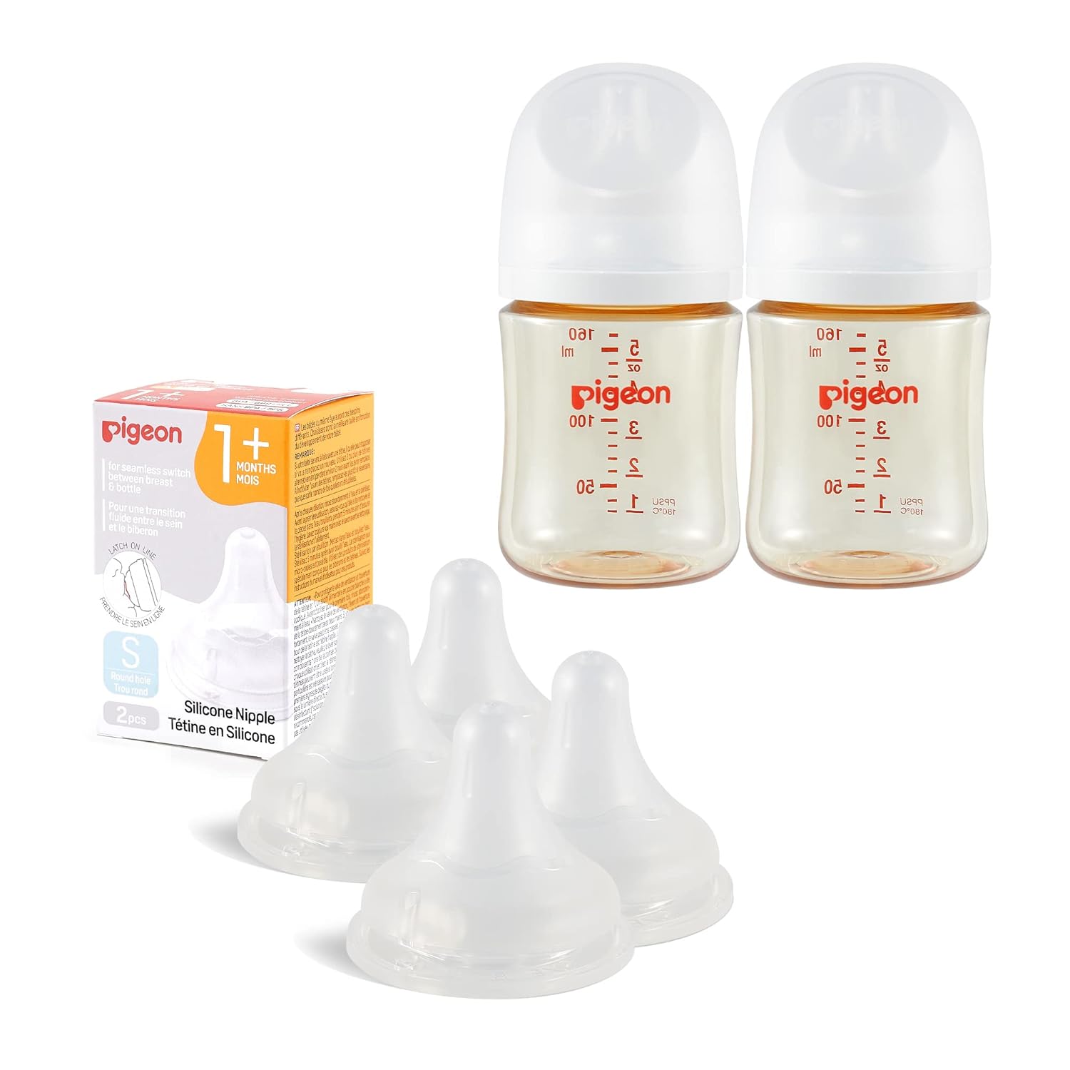 Pigeon PPSU Baby Bottle(5.4 Oz, Pack of 2) with 4 Latch-On Line Silicone Nipples, Newborn Feeding Set(0~3M)