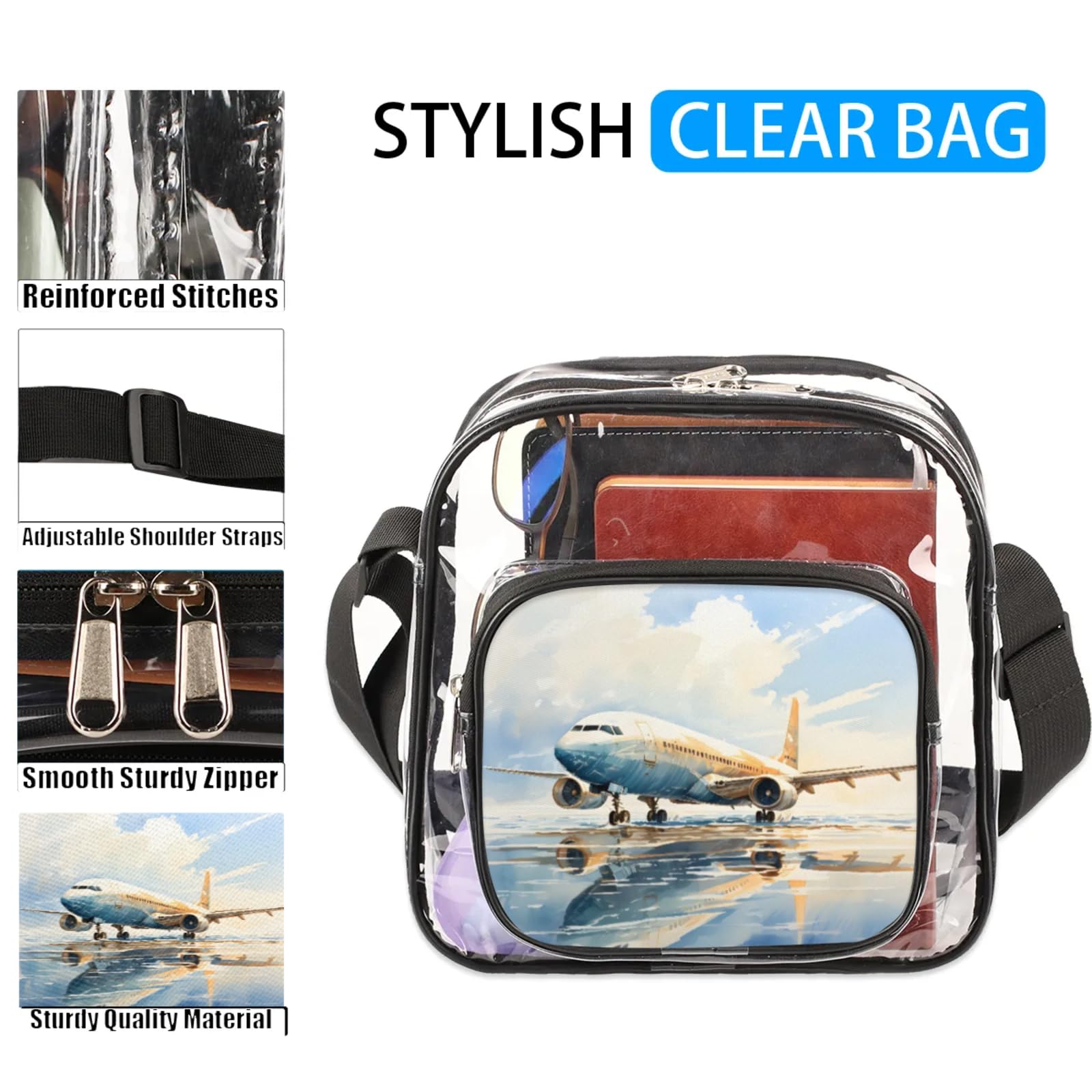 Clear Crossbody Bag Stadium Approved Airplane Flying Transparent Bag for Festivals, Sports Events, Concerts,Beach Bag for Women Men Clear Purse with Front Pocket Messenger Bag with Adjustable Strap