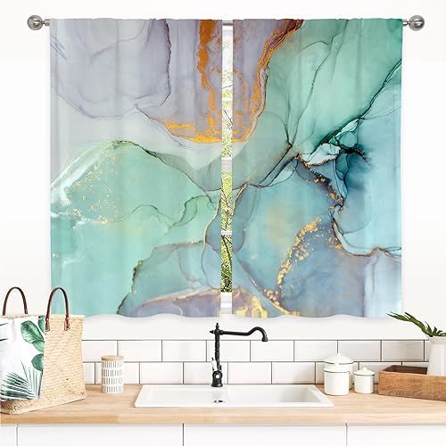 Gibelle Cortinas de mármol verde para ventana de cocina, arte abstracto, modernas, pequeñas, cortas, para cafetería, decoración para sala de estar,