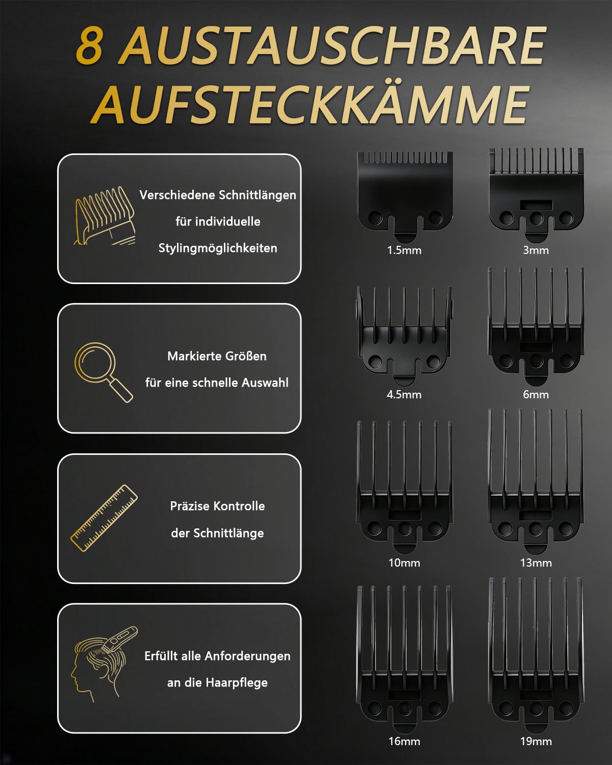Rucha Akku Haarschneidemaschine Profi, 10.000 U/min Hochgeschwindigkeit Haarschneider Herren, Hair Clippers mit 8 Aufsteckkämme, 3 Std. Akkulaufzeit, für Haare, Bart & Körper, Zuhause & Barbershop