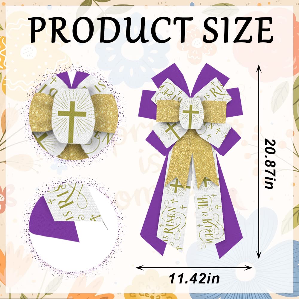 Large Spring Religion Wreath Bows Glitter Gold Purple Cross Burlap Bows for Wreath, He is Risen Words Ribbon Bows Retro Easter Decor Bows for Easter Indoor Outdoor Decoration Wreath Ornament Supplies