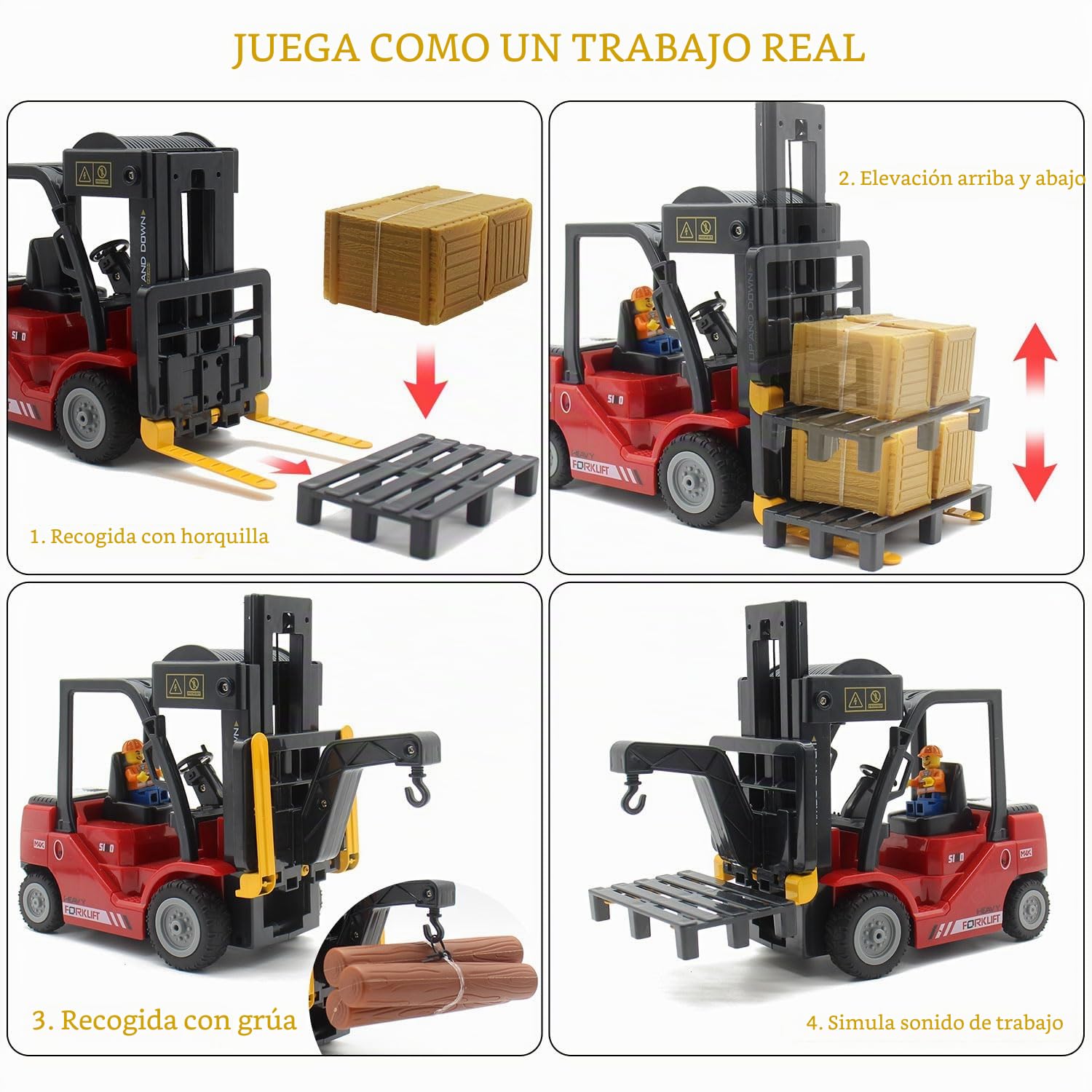 Mostop Carretilla elevadora teledirigida, juguete 1/24 Rc carretilla elevadora de juguete, con cajas/arcilla y spray luminoso, dos baterías recargables y cargador, técnica de juguete de coche