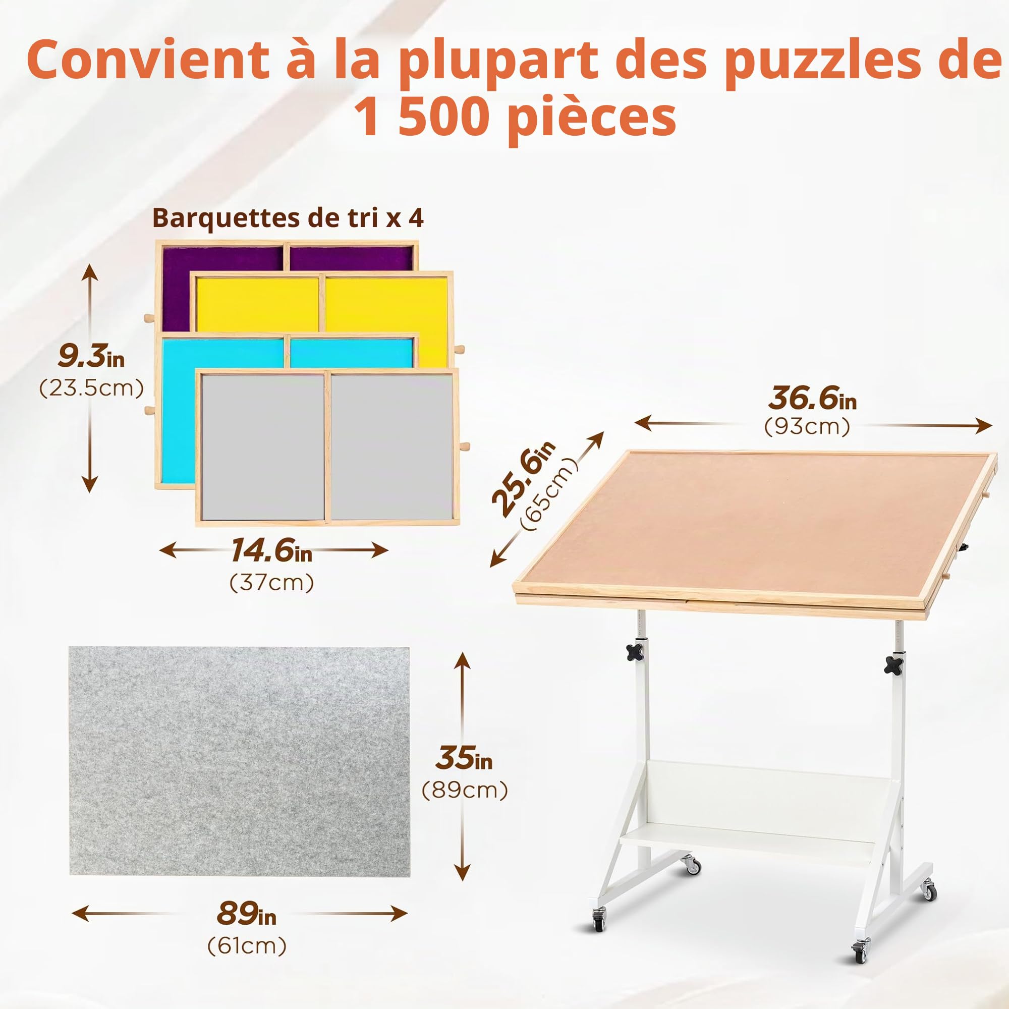 Becko US - Table de puzzle inclinable et rotative de 1500 pièces avec tiroirs et couvercle, plateau de puzzle pliable et portable avec inclinaison et ajustements de hauteur, facile à déplacer, pour