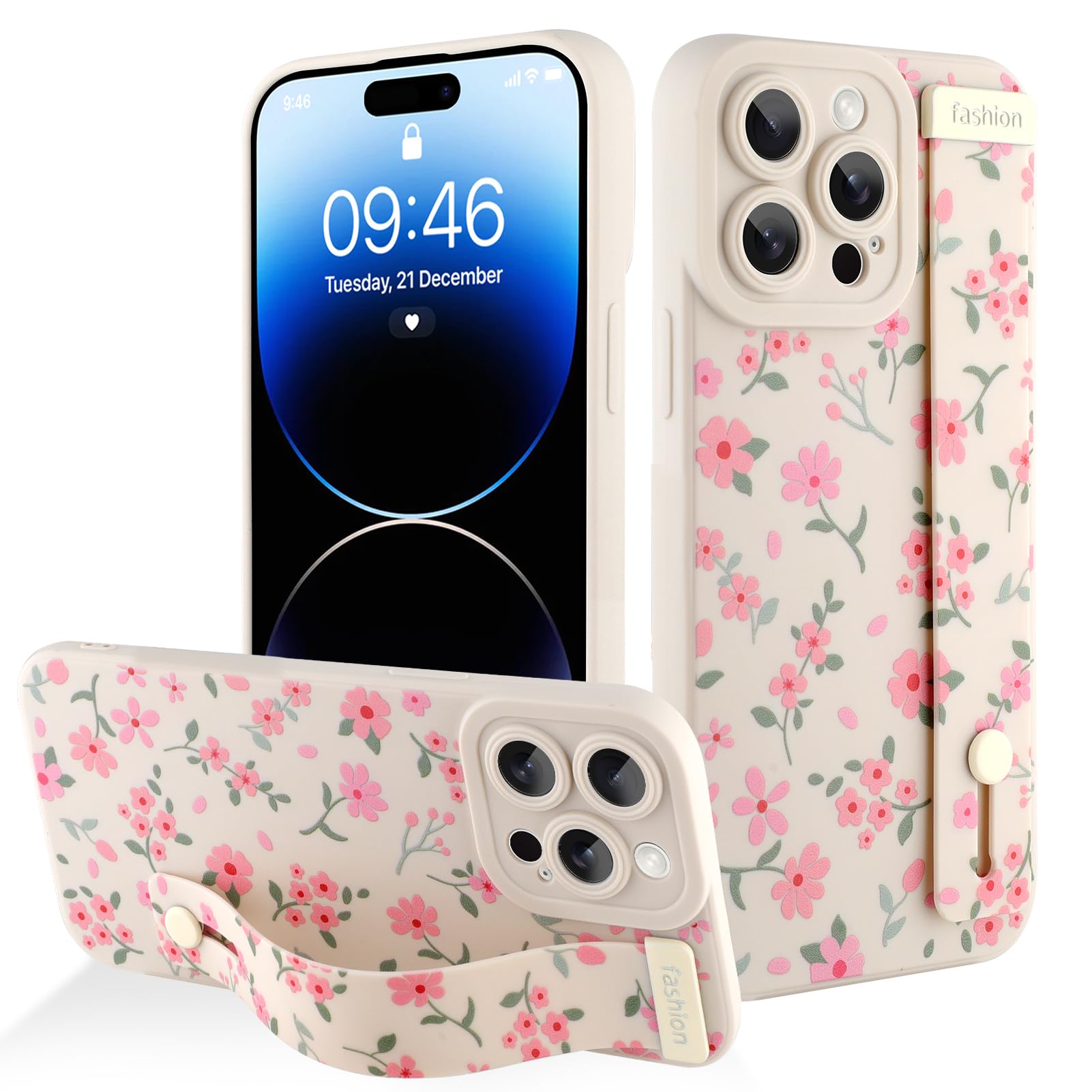 AIGOMARA for iPhone 14 Pro Max Case with Strap for Women Girls, Cute Pink Floral Flowers Pattern, Soft Wristband Kickstand Silicone Protective Cover,