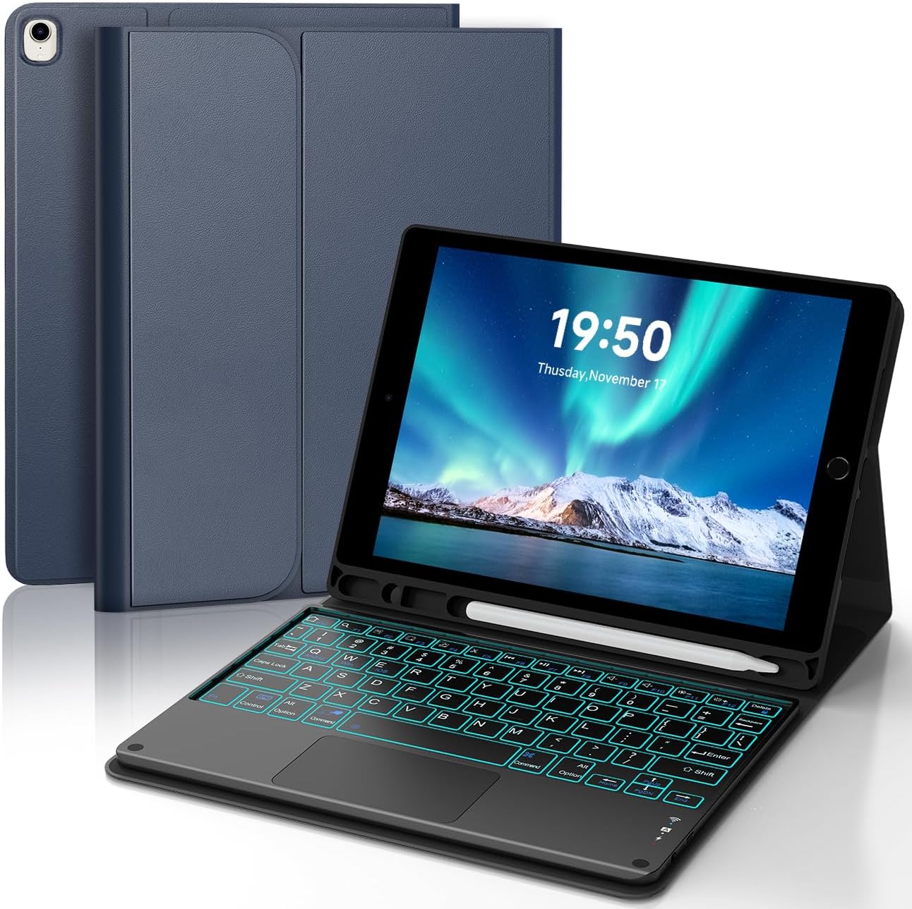 for iPad 9th Generation Case with Keyboard, Multi-Touch Trackpad, 7 Color Backlit Wireless Detachable Folio Keyboard Cover with Pencil Holder,10.2'' Keyboard Case for iPad 9th 8th 7th Gen Blue