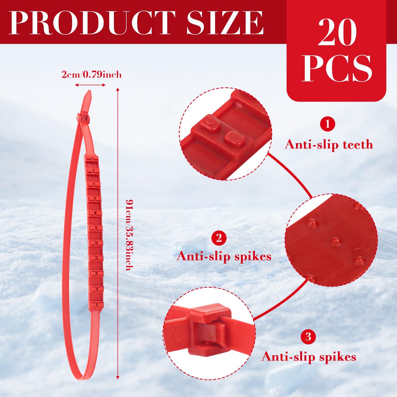 20 Pièces Chaînes à Neige Universelles, Adjustable Zip Tie Snow for Car Tires, Nylon Chaînes à Neige pour Pneus Dents Multicouches