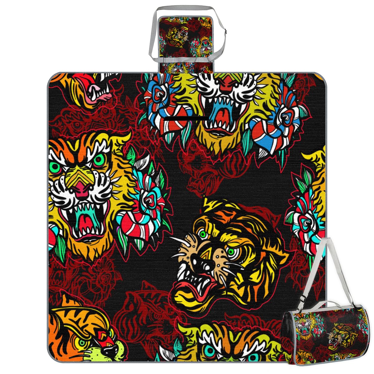 Shimoshe Picnic Blankets 57”x 59”, Ethnic Tiger Waterproof Sandproof Picnic Mat Lightweight Foldable Beach Blanket for Camping Park Grass Beach Outdoor Blanket