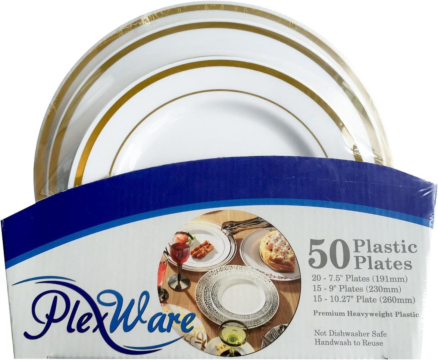 50 Piece Premium Disposable Plastic Plates, Heavyweight Plastic Dinnerware includes 20 - 7.5", 15 - 9" and 15 - 10.27" plates. Perfect for Parties, Banquets and Weddings (White with Golden Rim)
