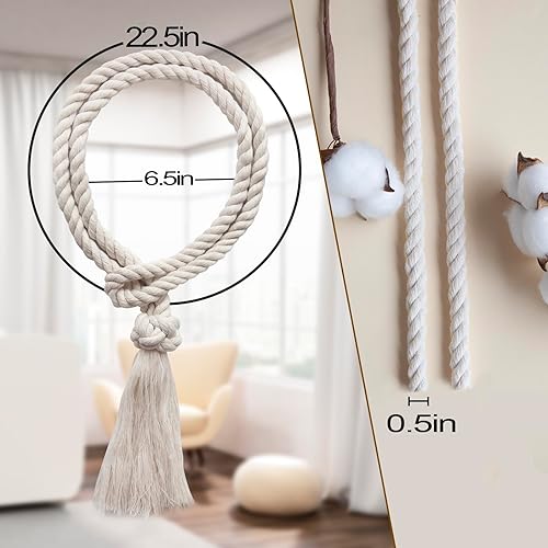 Miniatura 2 de Lazos de cortina para cortinas, alzapaños de cortina boho para exteriores y el hogar, alzapaños de cortina rústicos, cuerda de algodón de macramé (6