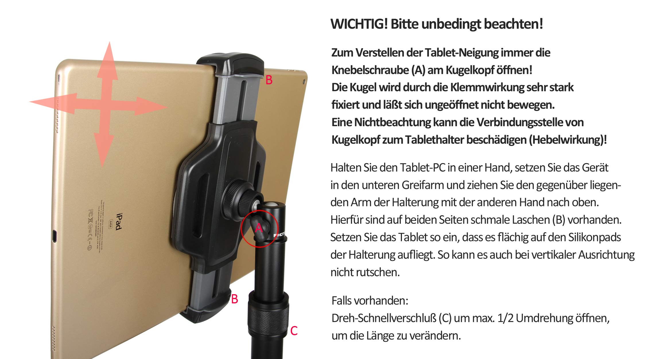 Universal Tablet-Halterung Pro V3, Befestigung & Halter f. iPad Pro 12.9" oder andere Tablet PC von 6 bis 14 Zoll z.B. an Stativ-Rohren, Notenständer, PKW-Kopfstütze, Ergometer etc.