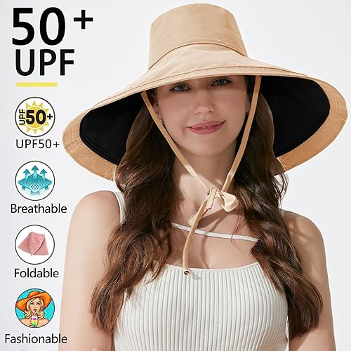 Miniatura 3 de Sombrero de sol de ala ancha de 7 pulgadas para mujer, sombrero grande plegable con protección UV, se puede llevar en ambos lados