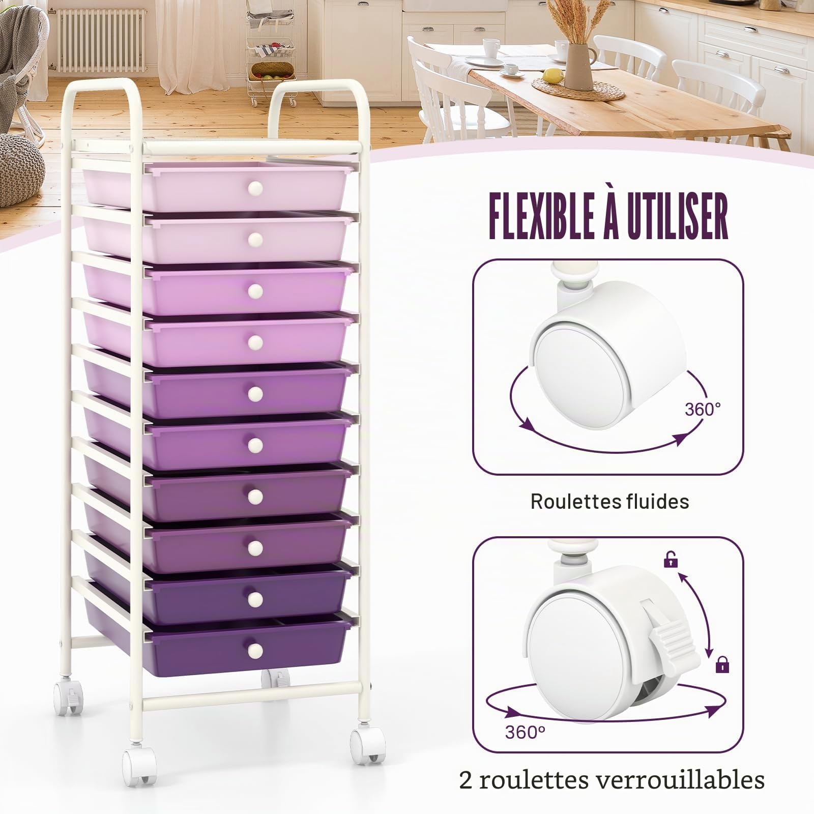 GIANTEX Chariot à roulettes avec 10 tiroirs empilables - Chariot de salle de bain avec roulettes verrouillables - Chariot de rangement - Chariot de rangement - Chariot de ménage - Structure en métal
