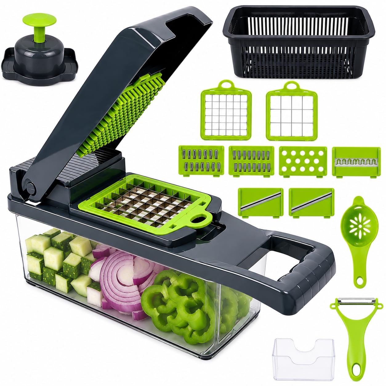 16 in 1 Vegetable Chopper with Container and Drain Basket Manual Food Chopper Dicer Slicer Mandoline Cutter for Onion Garlic Potato Salad Meal Prep