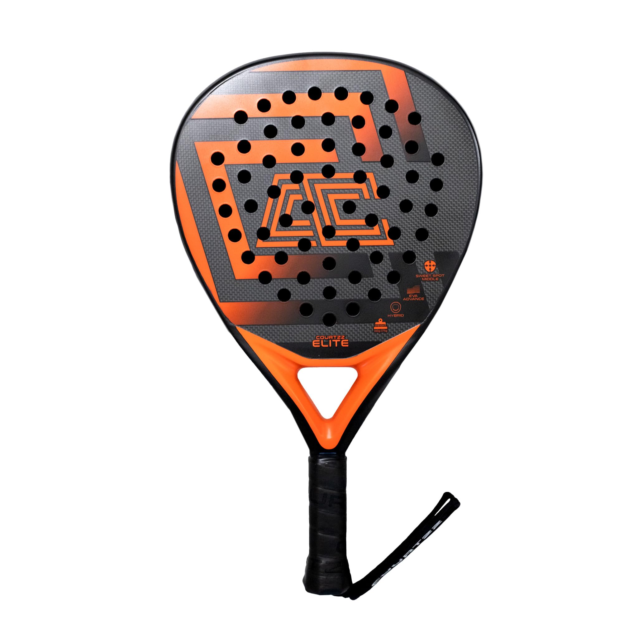 Elite Padel-Schläger, 3K Carbon, Hybride Form, Eva Advanced, Schwarz/Orange, Fortgeschrittene