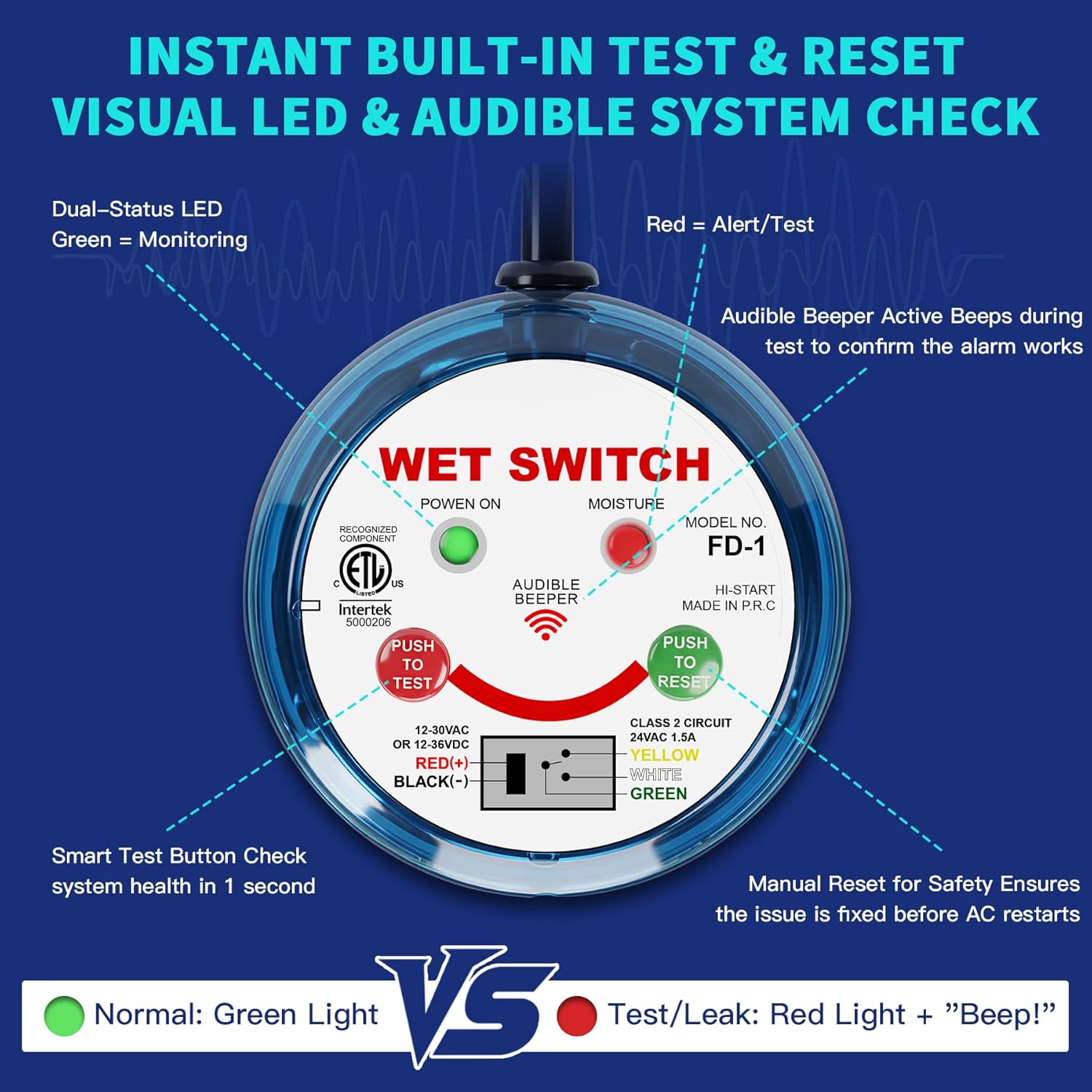 HVAC Flood Sensor Water Leak Detector with Internal Audible Alarm, 12-30V AC/12-36V DC 3A High Load 5-Wire Condensate Overflow Switch for Primary/Secondary Drain Pans, Mini-Splits & Furnaces, ETL