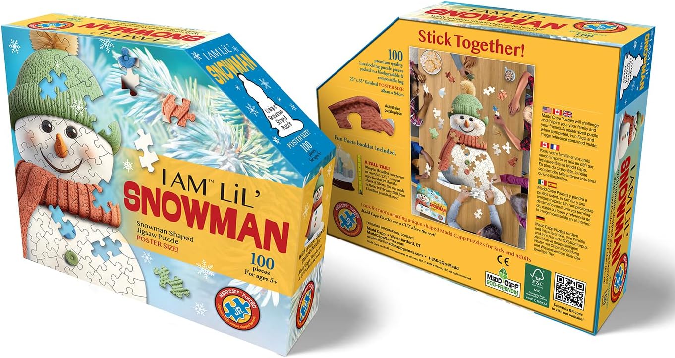 Madd Capp: I Am Lil' Snowman - 100 Piece Puzzle - Kids Winter Character-Shaped Jigsaw, 23x33 Size, Poster Reference, Educational Fun Fact Booklet