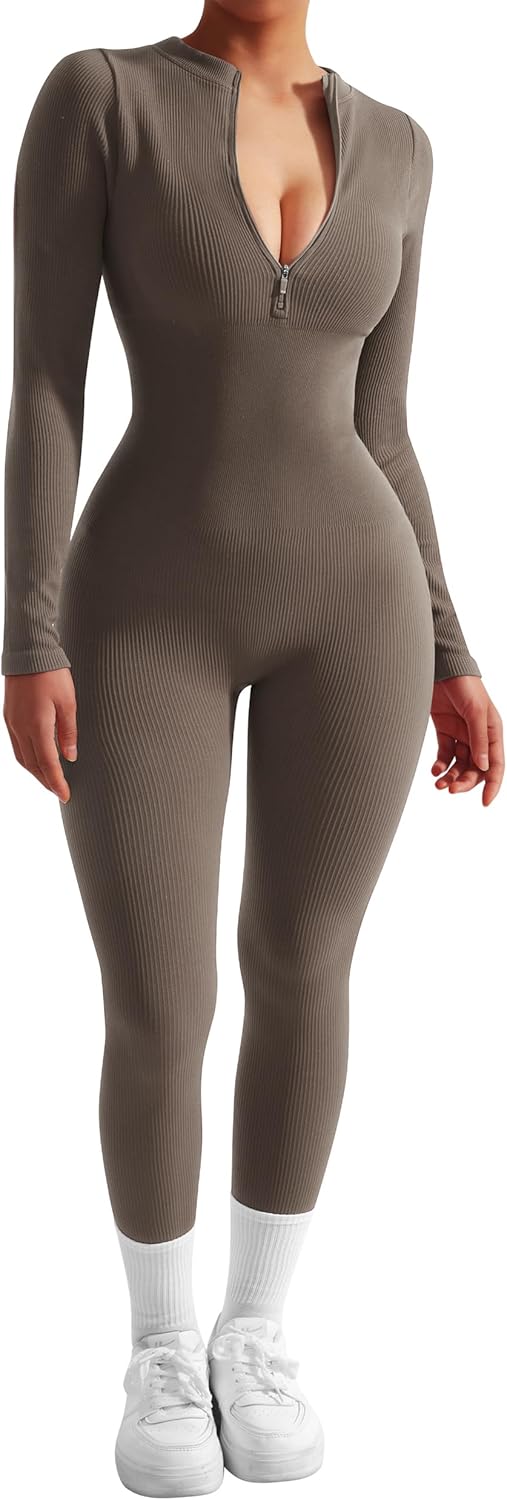 SUUKSESS Women Long Sleeve Ribbed Jumpsuit Zip up Front Workout Bodycon Romper