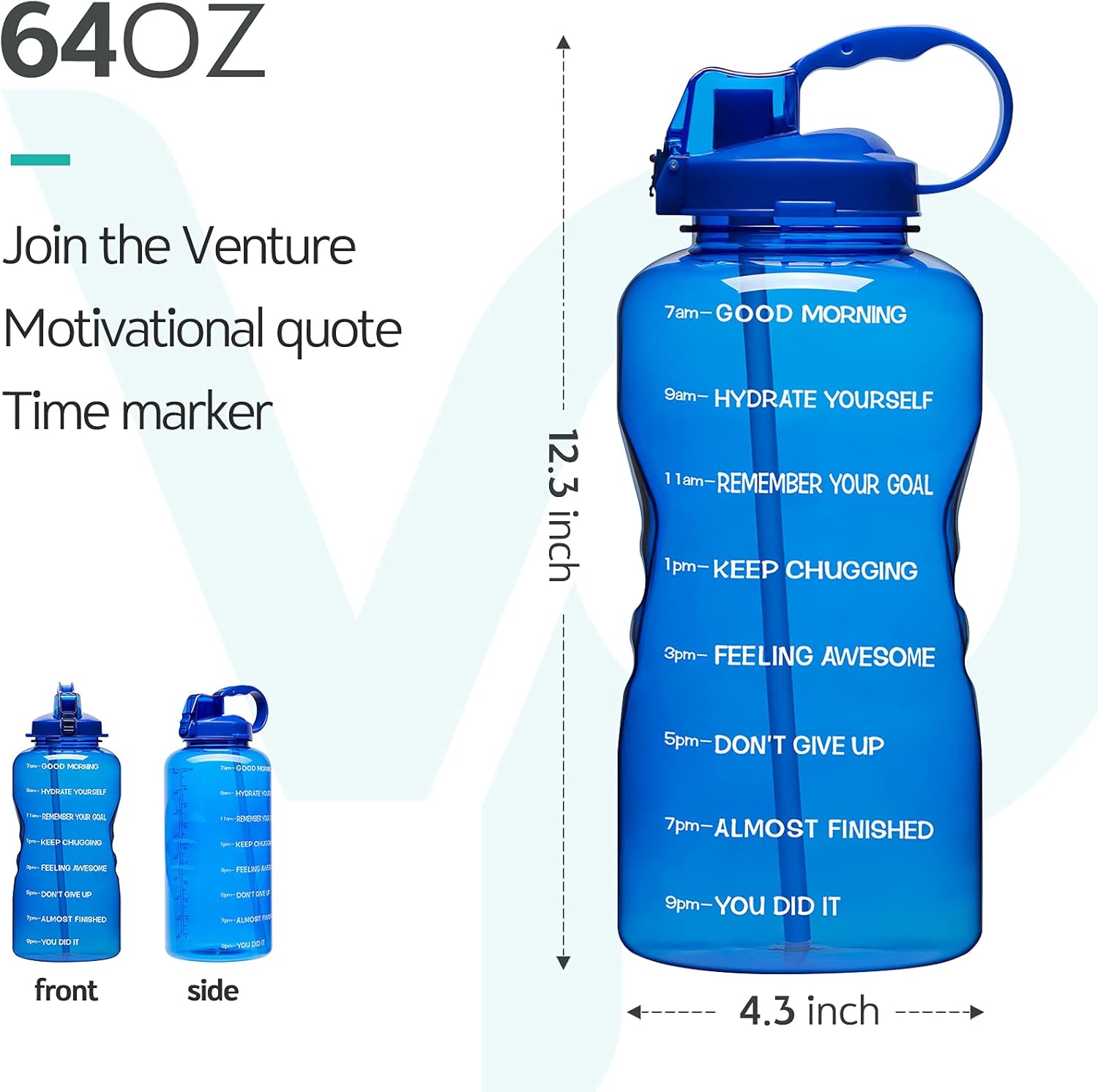 Venture Pal Large 64 oz (When Full) Motivational BPA Free Leakproof Water Bottle with Straw & Time Marker Perfect for Fitness Gym Camping Outdoor Sports-64oz-Deep Bluets