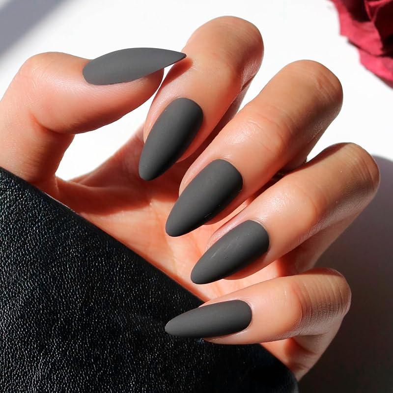 Press On Nails - Medium Almond, Matte Fake Nails 30 Pc Full Kit | Halloween Black press on nails in 15 sizes. Matte glue-on set. Waterproof, chip-resistant, up to 2 weeks wear