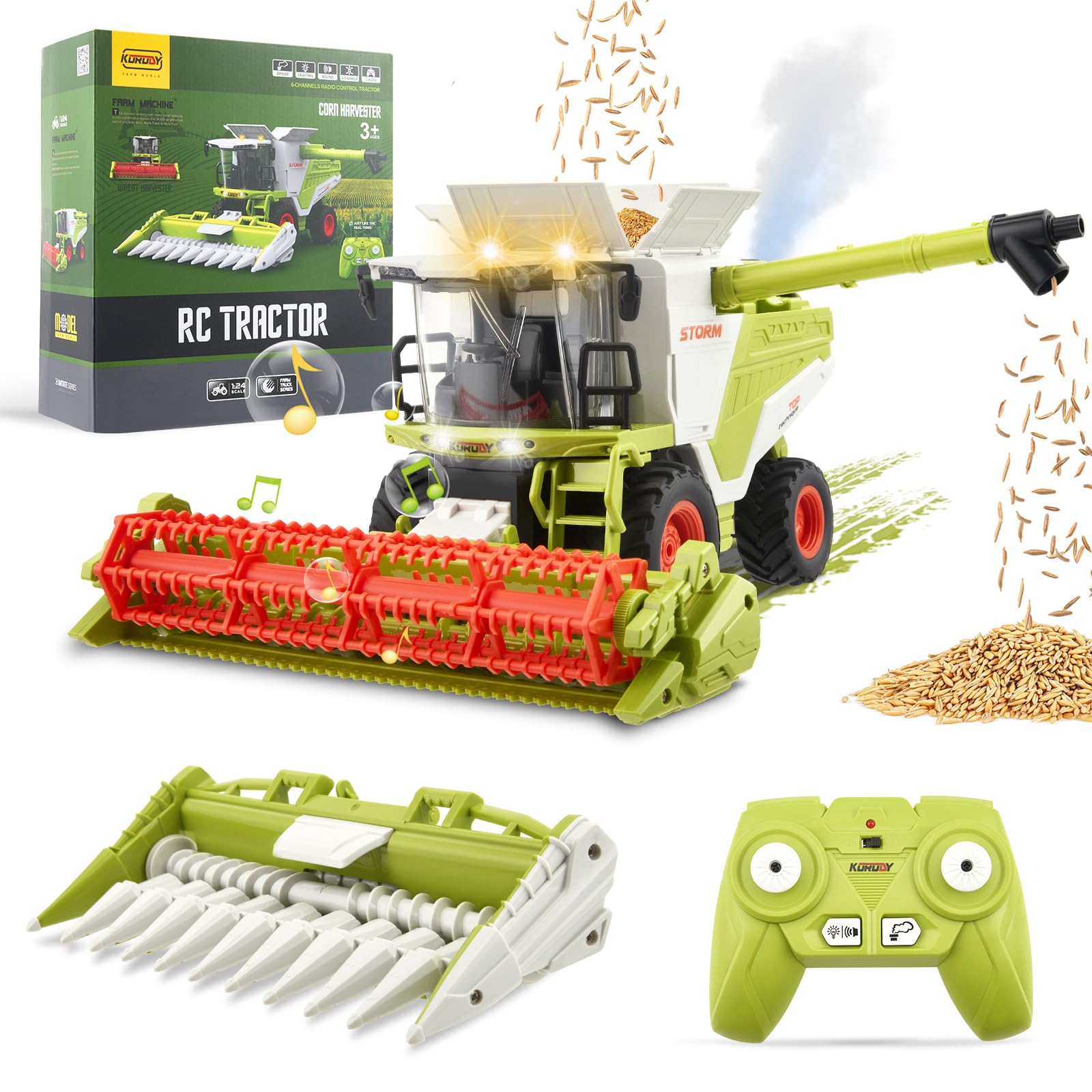 RC Cosechadora de juguete teledirigida, cosechadora RC Tractor grande con pulverización, luz y sonido, 2,4 GHz, 1:24, trituradora de maíz, regalos para niños a partir de 3, 4, 5, 6 años