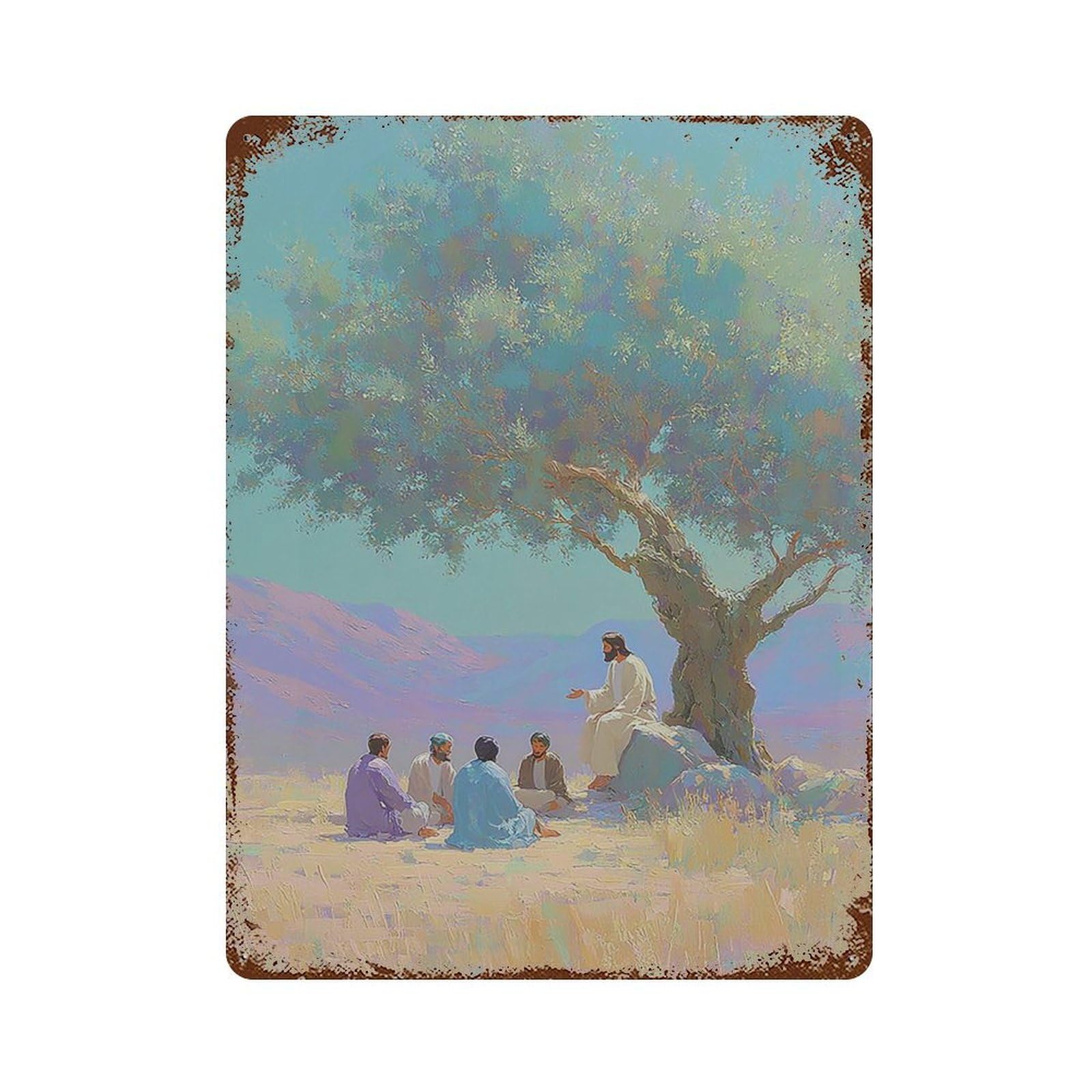 xiaoxiaoshen Biblical Landscape Serene Jesus Teaching Spiritual Oil Painting Peaceful Christi Wall Decor Art Metal Tin Poster Modern Home Decor Art Home Bar Shop Decorations Vintage Sign 40x30cm