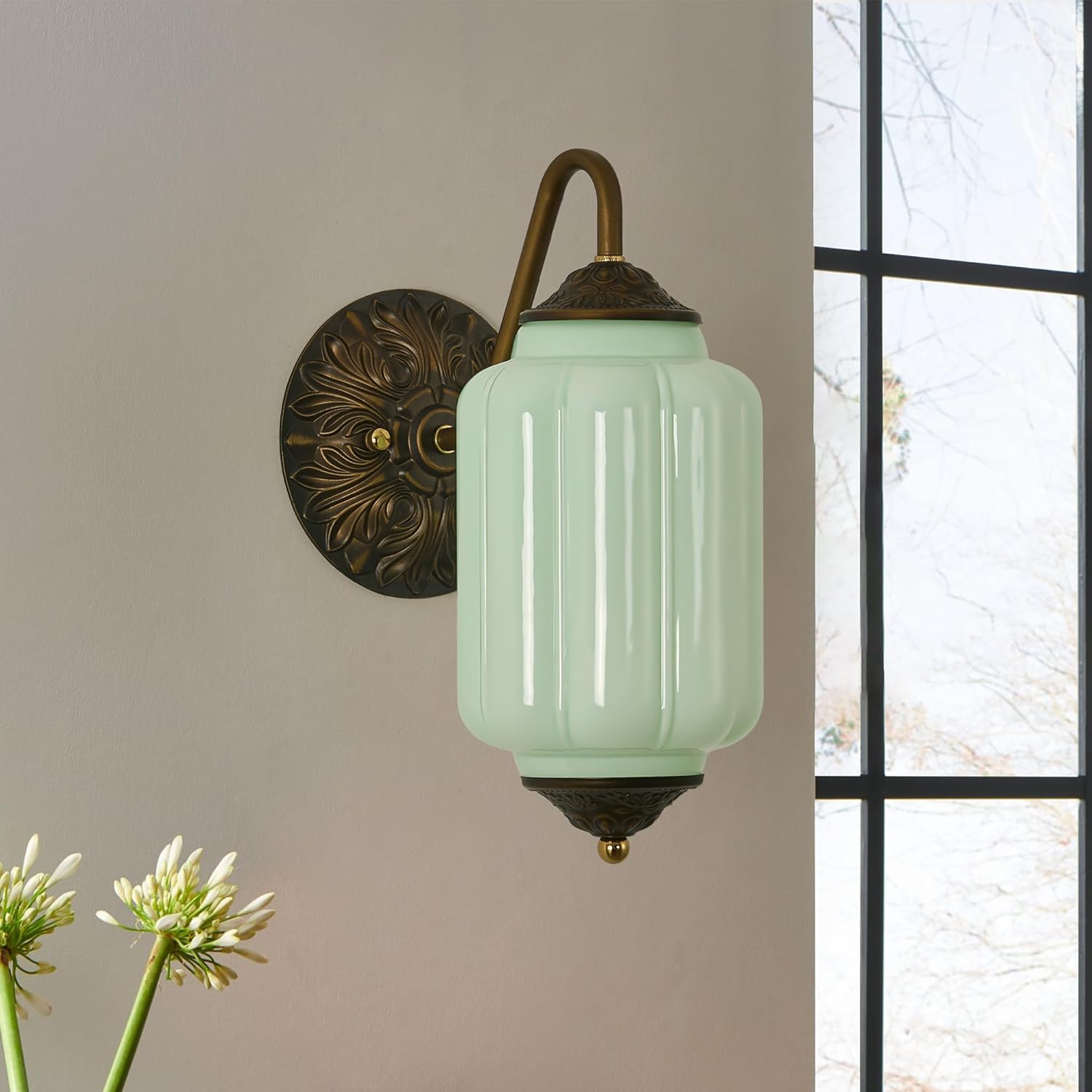 Vintage Milk Glass Wall Sconce - Green Dimmable Indoor Wall Lighting with Bulb - Antique Embossed Brass Gold Sconces - Mid Century Vanity Light Fixture for Bathroom Bedroom Living Room Hallway Decor