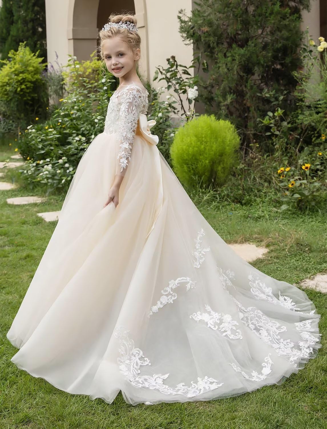 Encaje de Tul, Vestidos de niña de Flores para Boda, Mangas largas, Corte A, Princesa, cumpleaños, Vestidos de Fiesta con Lazo