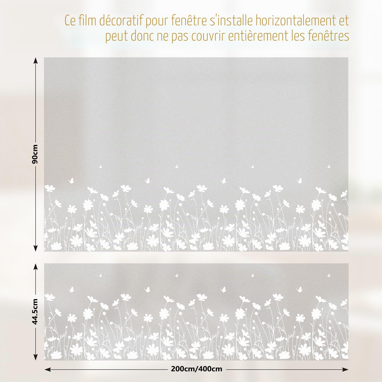 Film Fenetre Dépoli Anti Regard, Fleurs et Papillons, 90 x 400 cm | Bon Intimité Film Vitre, Sans Colle Anti UV, Décoratif et Réutilisable Idéal pour Salle de Bain Cuisine Vitrine, avec Outils