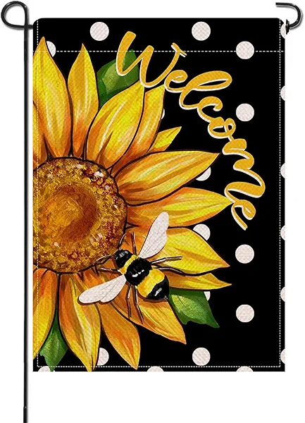 Artofy Welcome Spring Summer Sunflower Small Decorative Garden Flag, Flower Floral Bumble Bee Black Yard Lawn Outside Decor, Honeybee Polka Dots Burlap Outdoor Home Decoration Double Sided 12 x 18