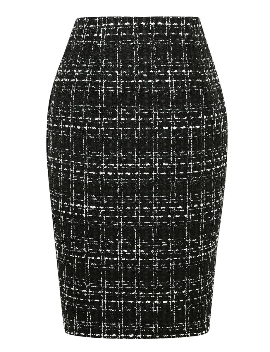 IDEALSANXUN Midi Plaid Skirts for Women 2023 Fall Winter Knee Length Pencil Wool Skirt with Slit, Tweed Black, XS